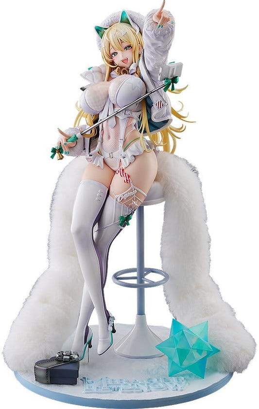 Max Factory Nikke Rupee: Winter Shopper 1/6 statue seated on stool with white fur, front view on white