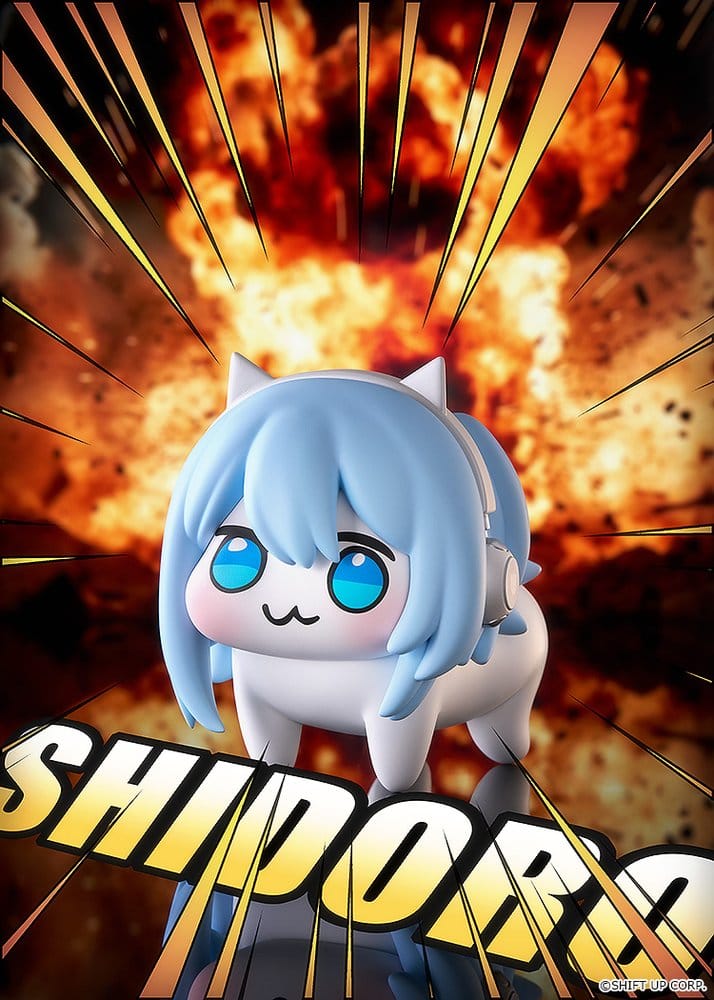 Nikke Shidoro soft vinyl figure against an explosive comic-style SHIDORO title backdrop