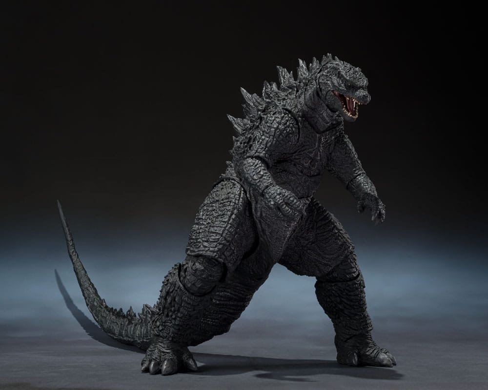Bandai S.H.MonsterArts Godzilla 2014 figure roaring on a dark backdrop