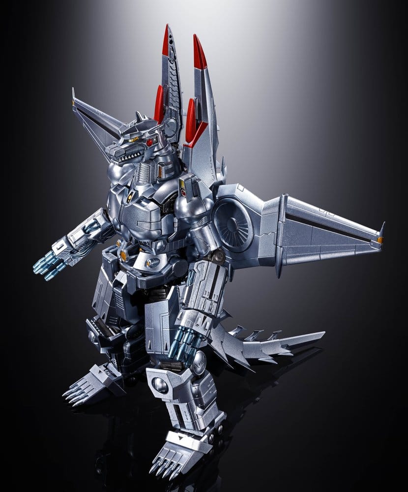 Chogokin Mechagodzilla die-cast figure three-quarter front view with wings spread, Godzilla