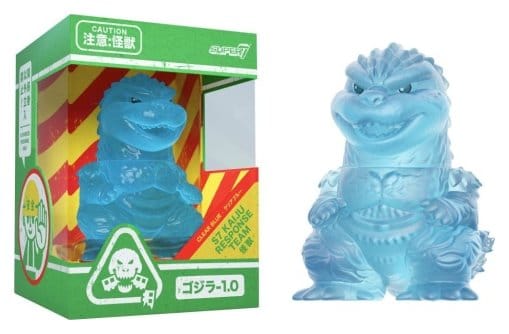 Super7 Toho Fun Fun Godzilla Minus One mini figure in clear blue shown beside its green window box