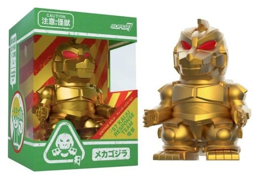 Super7 Godzilla Fun! Fun! Mini Mechagodzilla in Vintage Toy Gold beside its window box