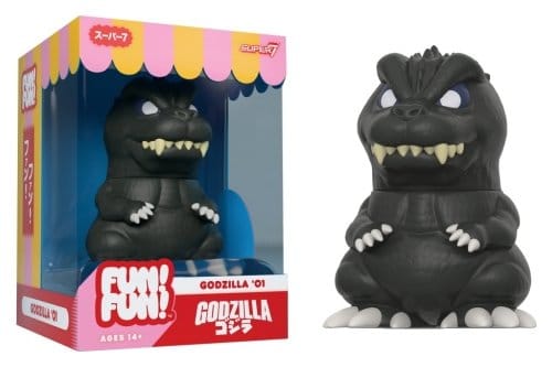 Super7 Godzilla Fun! Fun! Mini Godzilla '01 figure beside its window box
