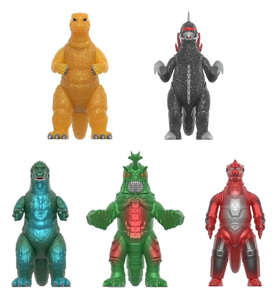 Godzilla Metallic Wave 5 blind box figures in gold, silver, teal, green and red finishes