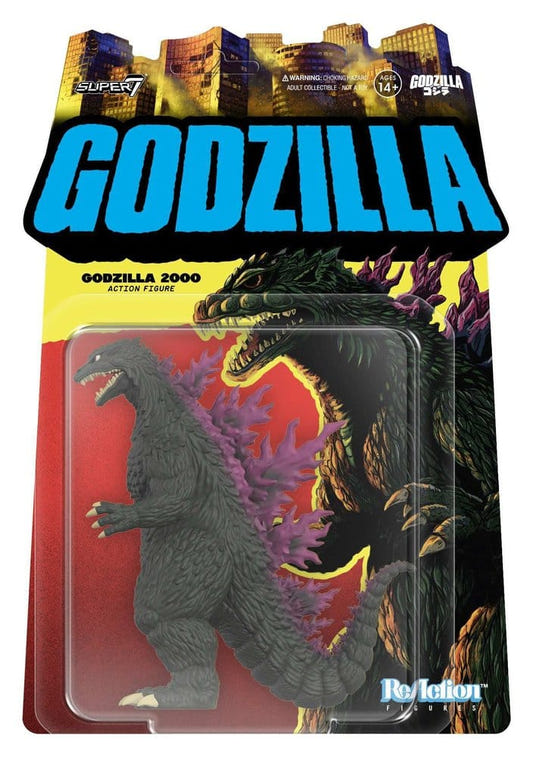 Super7 ReAction Godzilla 2000 figure on blister card with purple-spined Godzilla artwork