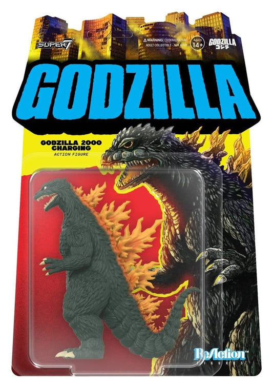 Super7 ReAction Godzilla 2000 Charging figure on blister card with fiery Godzilla artwork