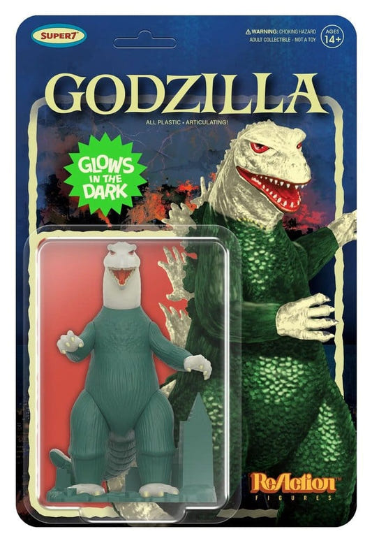 Super7 ReAction Godzilla Model Kit glow figure on blue card with Glows in the Dark badge