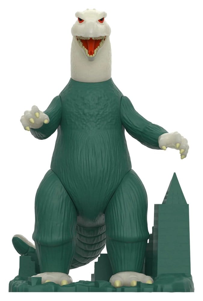 Godzilla Model Kit ReAction figure front view, teal body and pale head beside city base