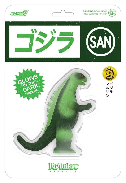 Super7 ReAction Marusan L-Tail Godzilla glow figure on white and green Japanese-style card