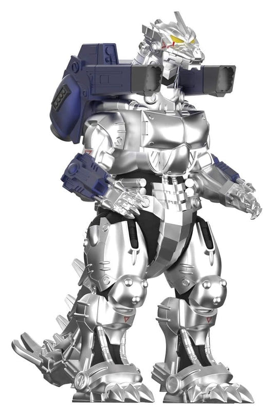 Super7 ReAction Mechagodzilla (2002) figure in silver, three-quarter view with blue back unit