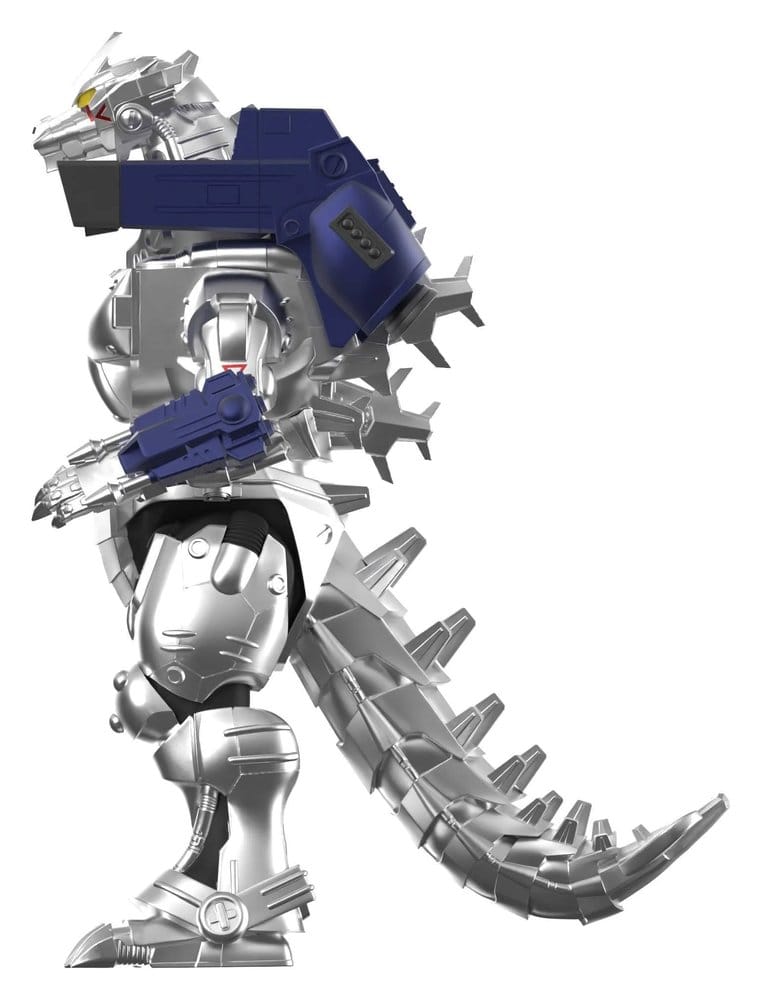 Mechagodzilla (2002) ReAction figure side view showing silver armour and segmented tail