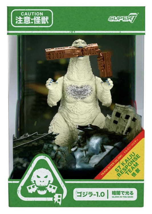 Super7 ReAction Godzilla Minus One Train Biter glow figure in green window box packaging