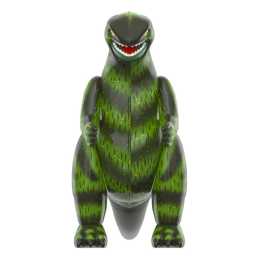 Godzilla Marusan Tin ReAction figure by Super7, front view with green tin-toy style stripes