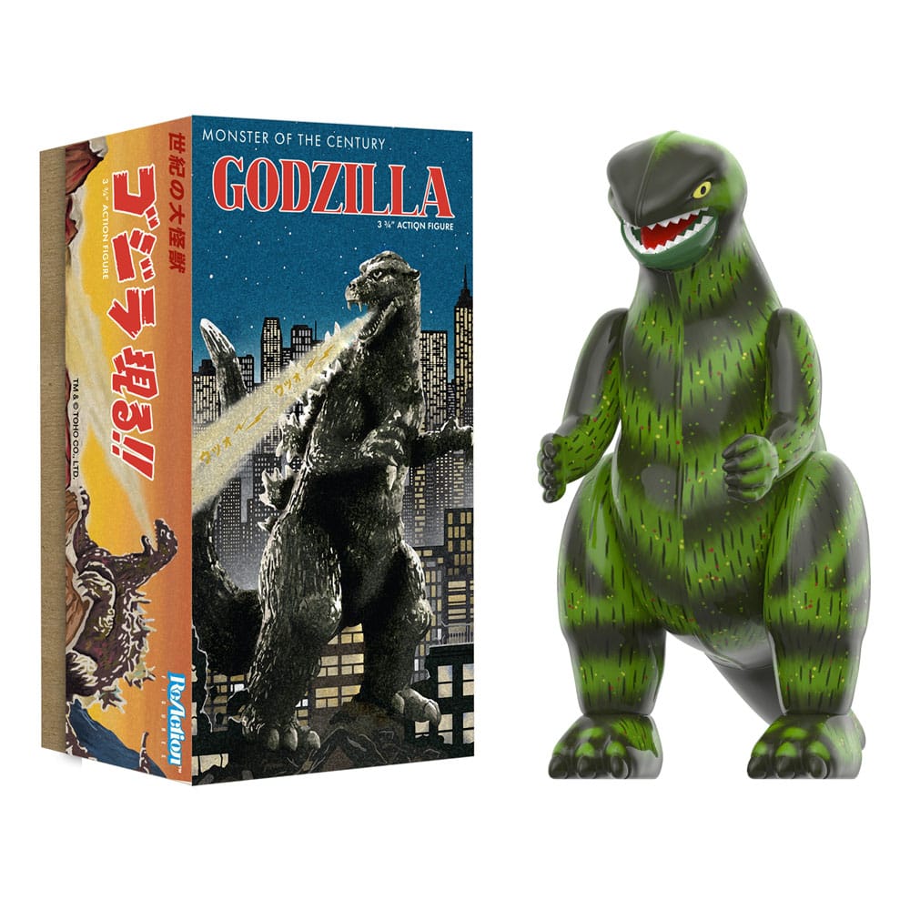 Super7 Godzilla Marusan Tin ReAction figure beside its vintage-style Monster of the Century box