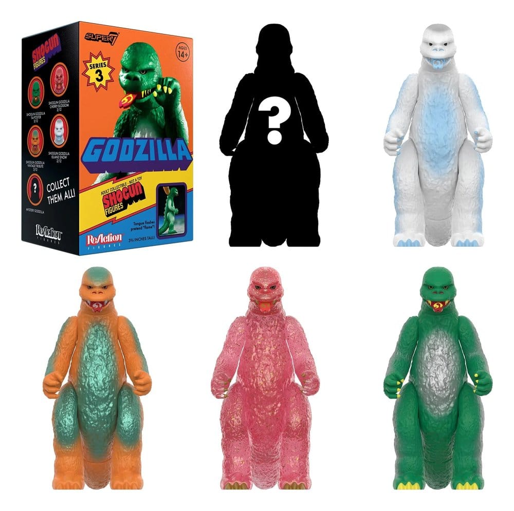 Godzilla Shogun V3 blind box with five coloured Godzilla figures and a mystery chase silhouette