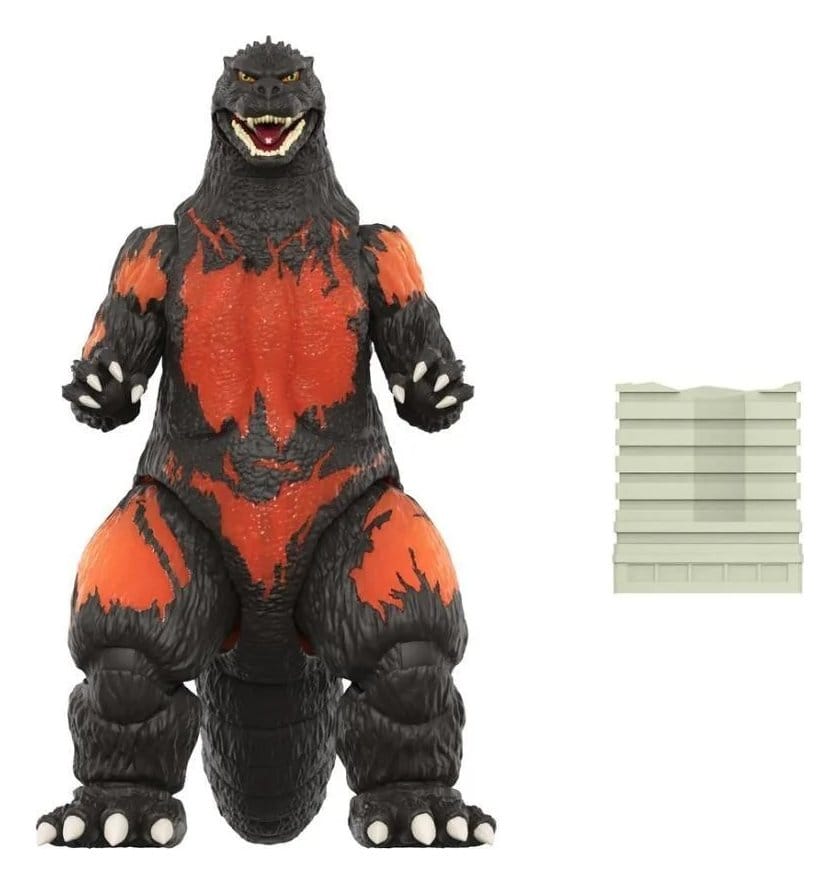 Burning Godzilla '95 Super Kaiju figure front view with glowing orange patches and building