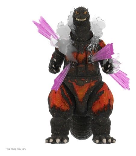 Super7 Toho Ultimates Final Battle Godzilla with glowing orange body, steam and purple beam effects