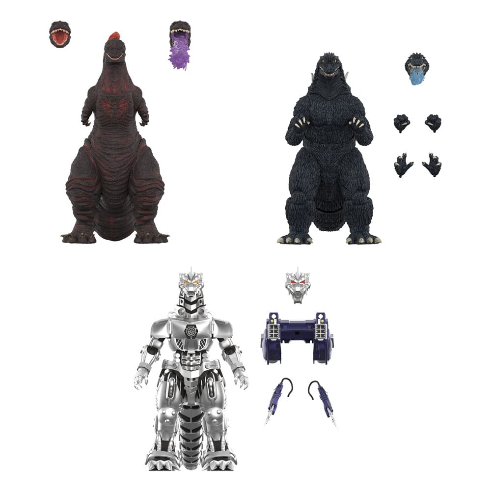 Super7 Toho Ultimates wave line-up showing Kiryu MechaGodzilla beside two Godzilla figures