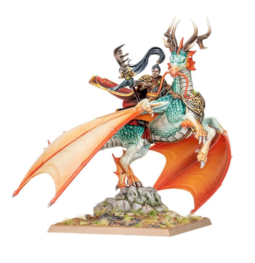 A painted fantasy tabletop miniature showing a warrior riding a large teal dragon with orange wings, mounted on a rocky base against a plain white background.