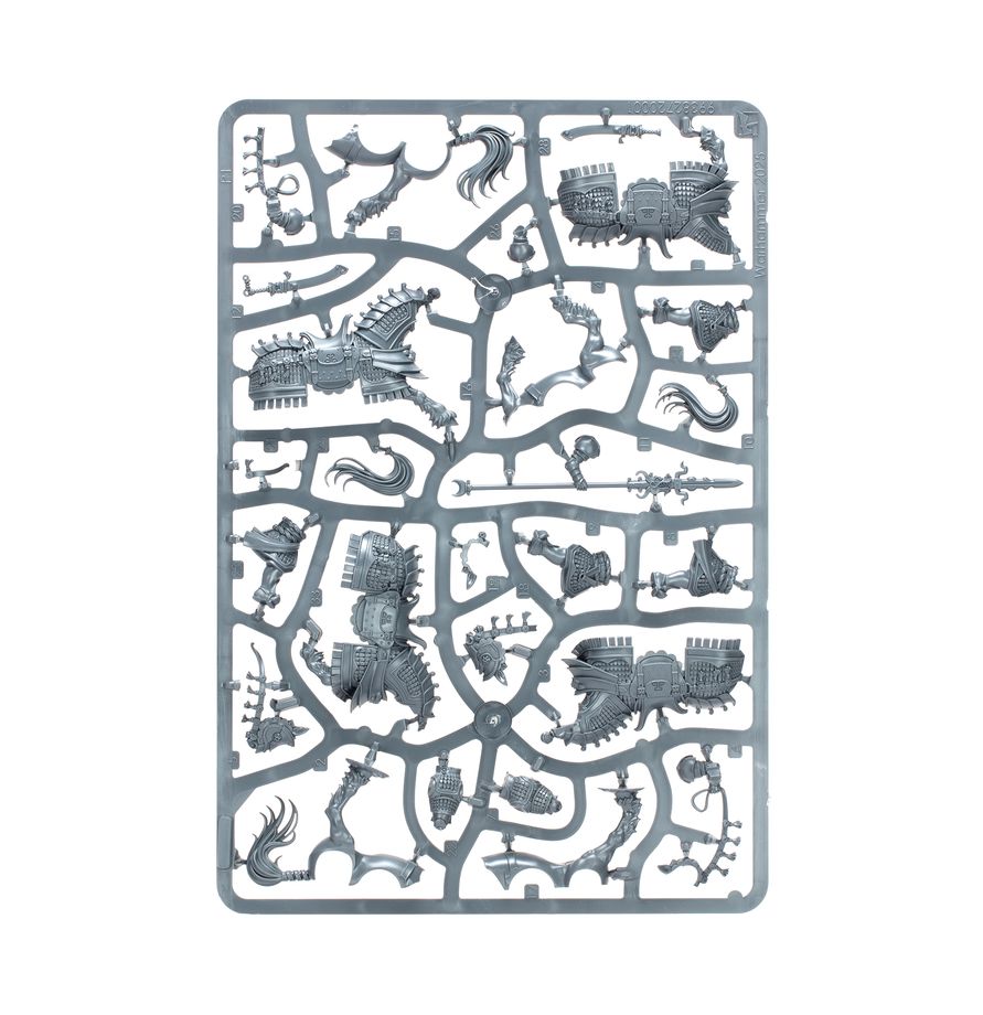 A rectangular gray plastic sprue containing numerous unpainted miniature figurines and small molded parts, isolated on a white background.