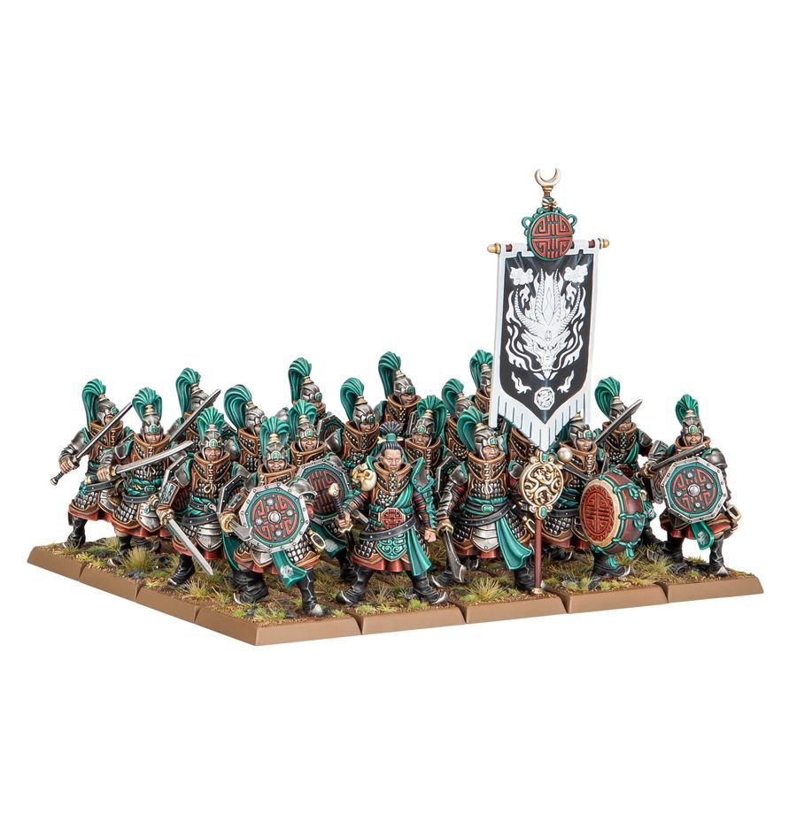 A painted tabletop miniature unit of armored warriors on a rectangular base, featuring teal and red armor, green helmets, shields, and a tall black-and-white banner with a white wolf emblem and red crest.