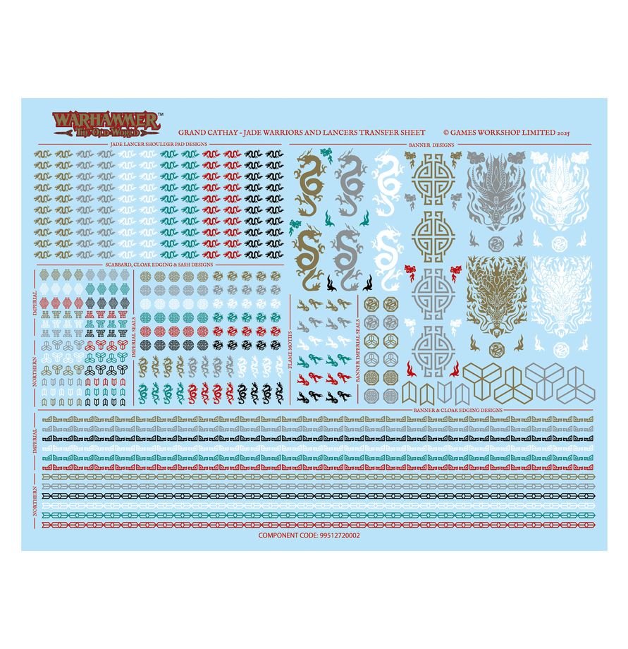 Warhammer figurine transfer sheet with various designs on a blue background