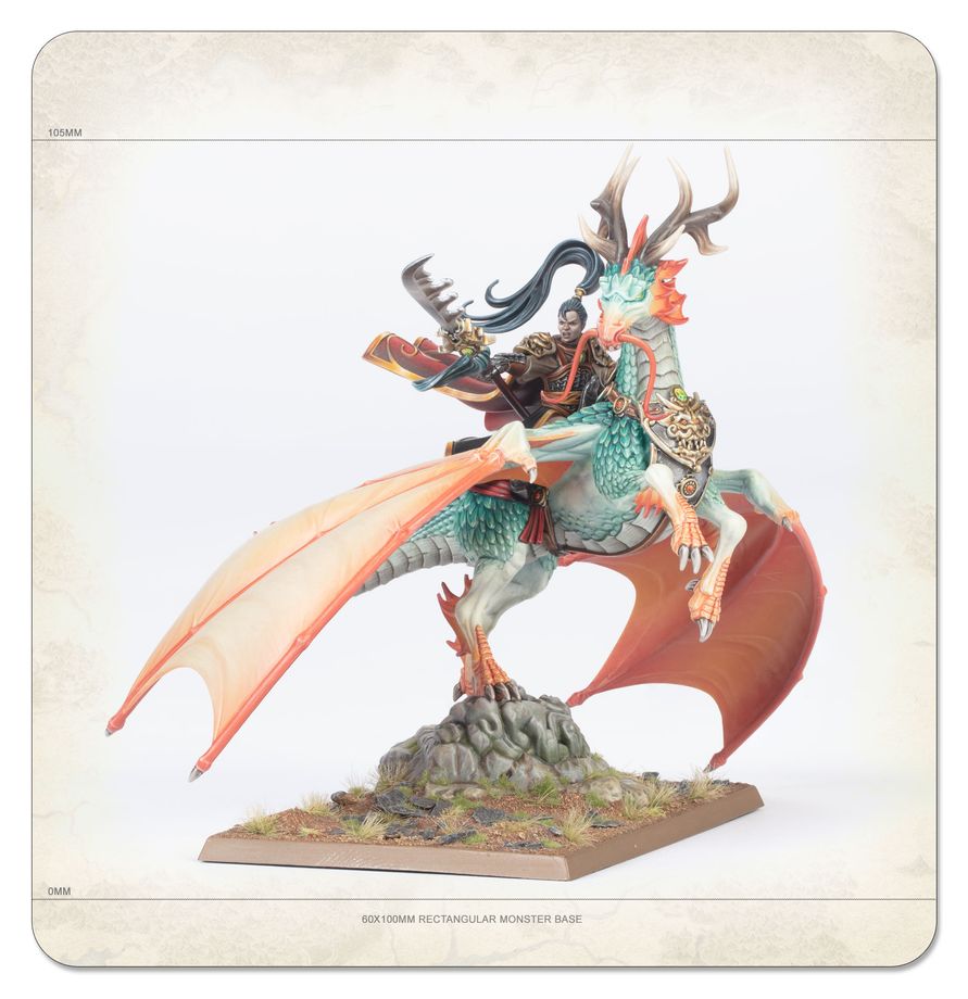 A painted fantasy miniature of a dragon-like creature with large orange-red wings and a rider on a rocky base, shown on a light neutral background with a textured border.