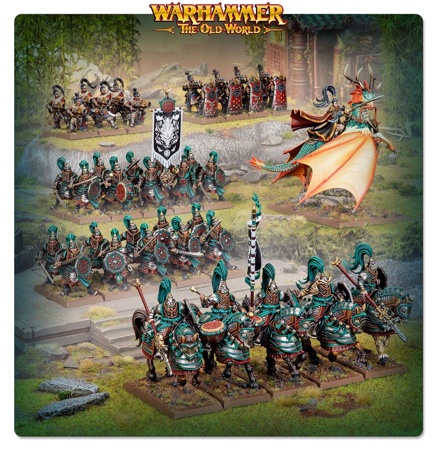 Warhammer 40k Warhammer: The Old World tabletop miniatures set, featuring multiple squads of armored soldiers with teal helmets and shields, a dragon rider on a winged creature, and a banner, all displayed on a grassy battlefield scene with the Warhammer logo at the top.
