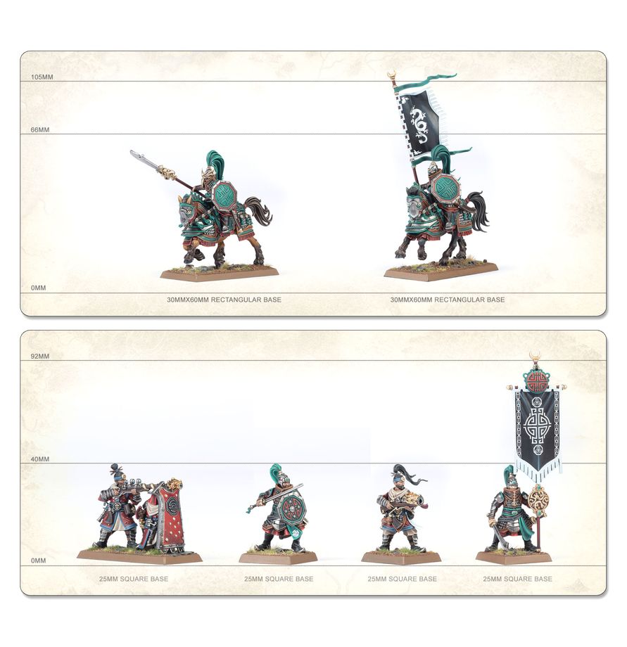 A product display sheet showing painted tabletop miniatures and bases on a light parchment-style background. The top section shows two 100mm rectangular bases: a warhorse and a mounted banner.