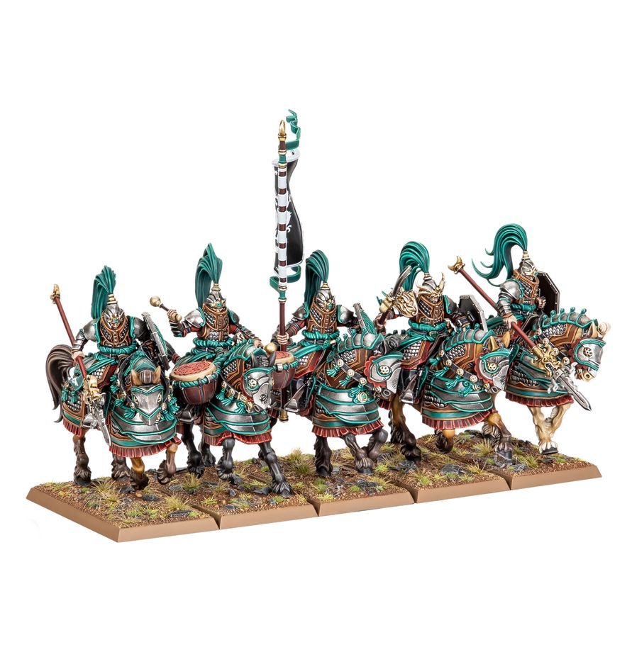 A set of painted tabletop miniature cavalry units on a white background. The figures are armored in teal, green, and gold with red accents, mounted on horses, and stand on a series of rectangular bases with textured ground.