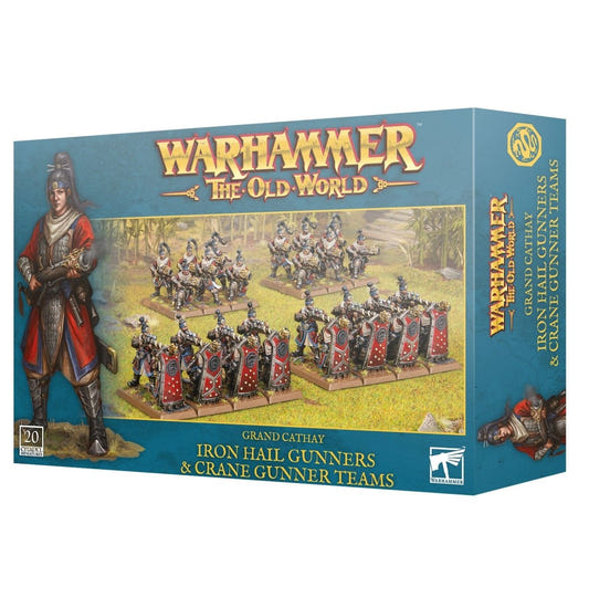 Warhammer The Old World game box featuring Iron Hail Gunners and Crane Gunner Teams.