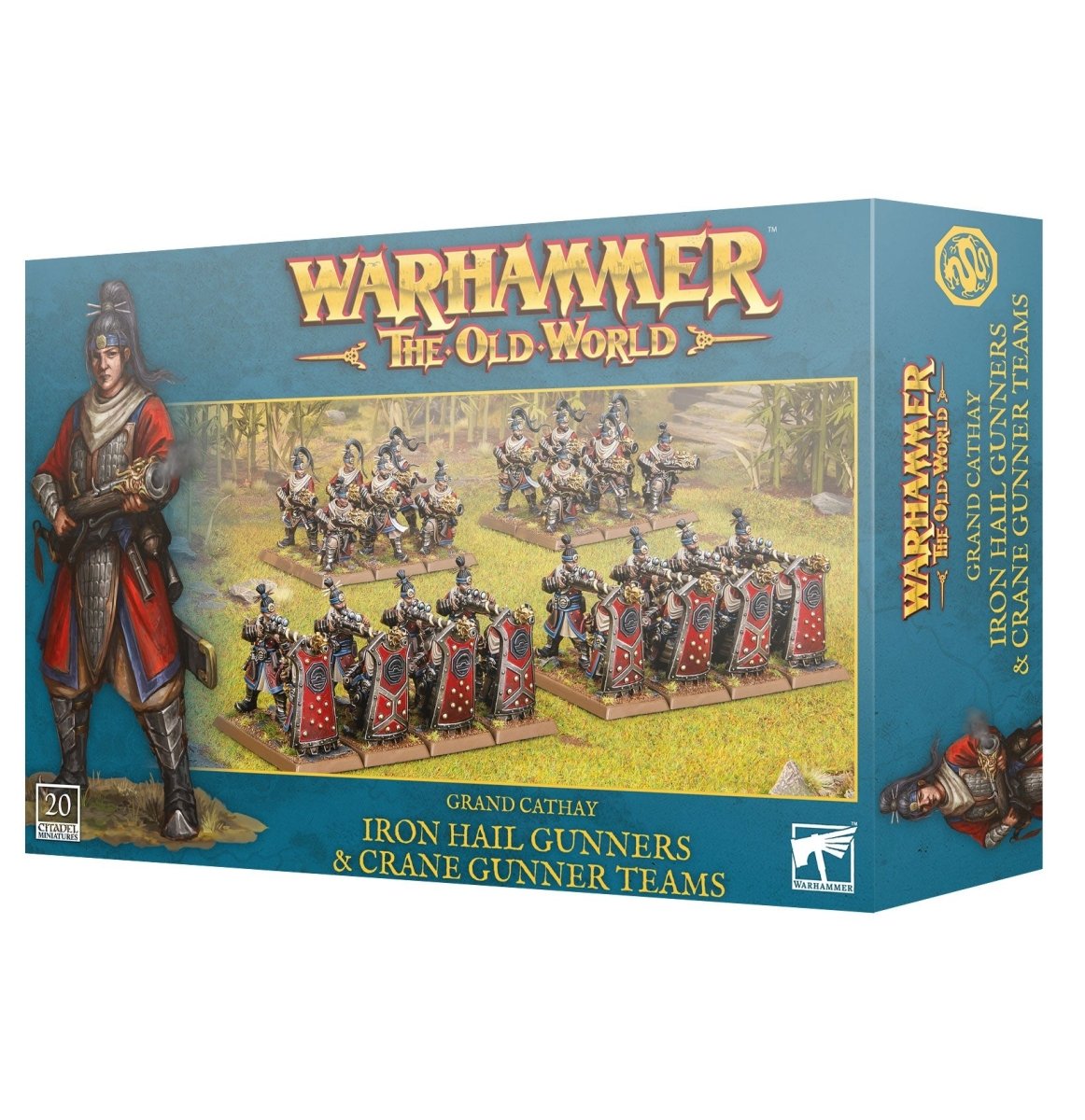 Warhammer The Old World game box featuring Iron Hail Gunners and Crane Gunner Teams.