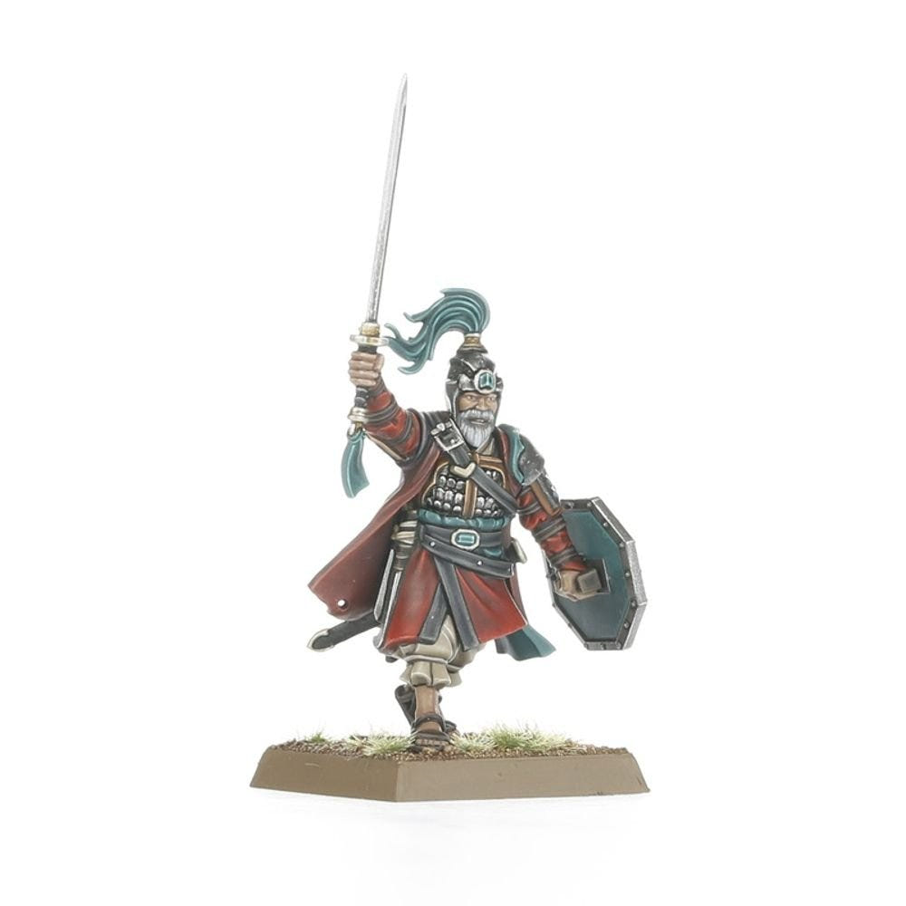 Painted Grand Cathay Peasant Levy champion with sword raised and round shield