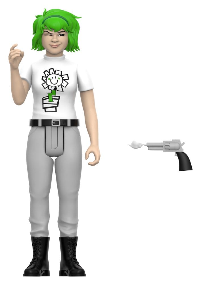 Kerplunk Girl ReAction figure with green hair and flower T-shirt beside toy revolver