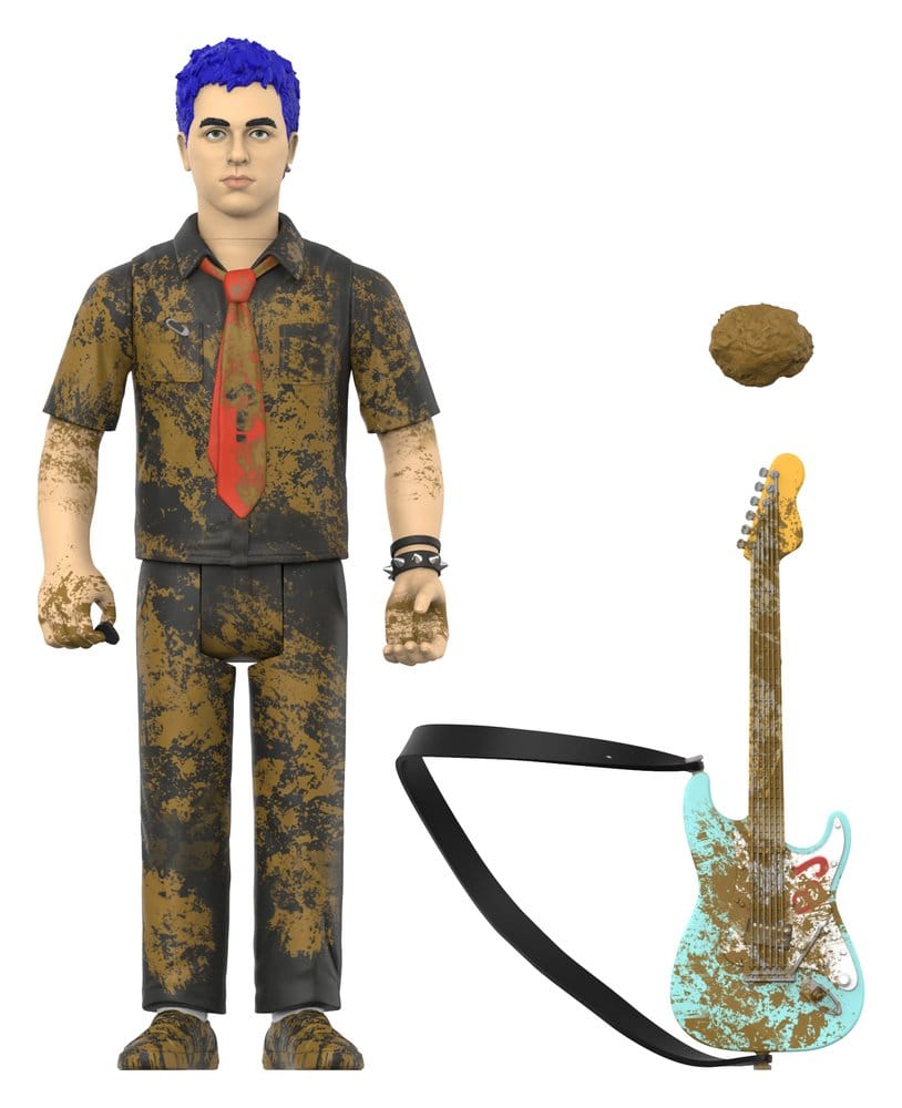 Mud-covered Billie Joe ReAction figure with blue hair, red tie and muddy guitar with strap