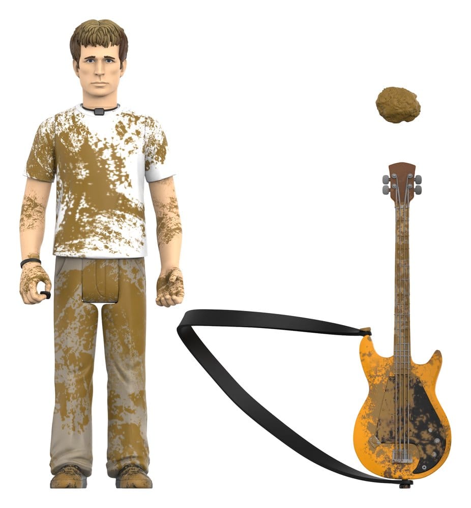 Mud-splattered Mike Dirnt ReAction figure with bass guitar, strap and mud clump accessories