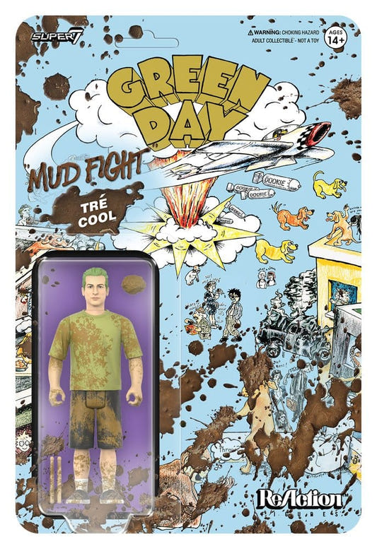 Super7 Green Day Tré Cool Mud Fight ReAction figure on Dookie-style blister card