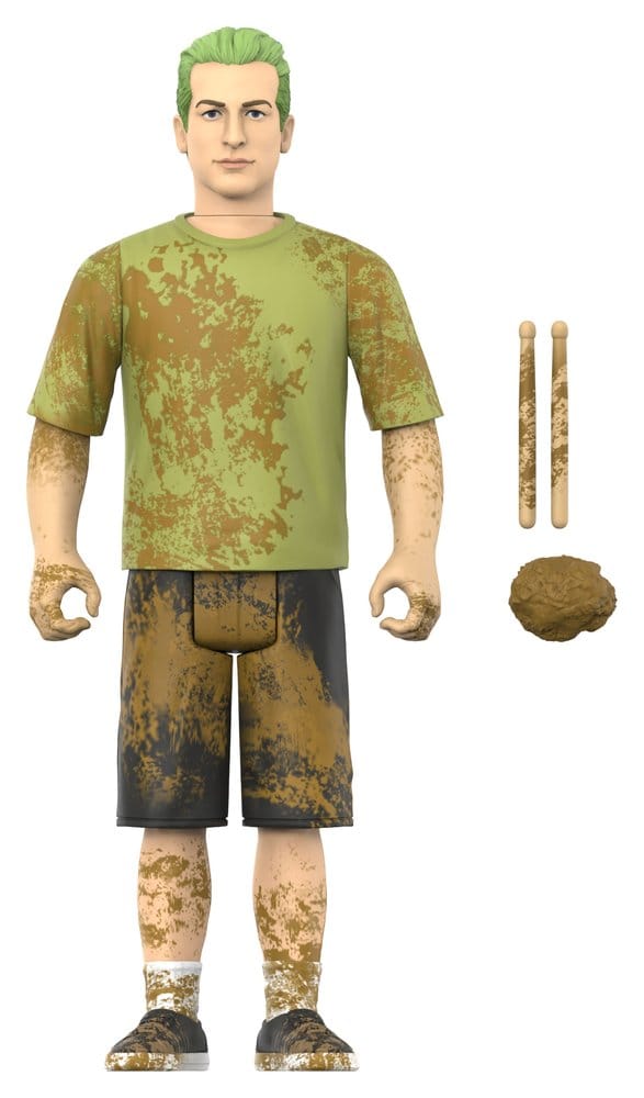 Mud-splattered Tré Cool ReAction figure with drumsticks and mud clump accessories