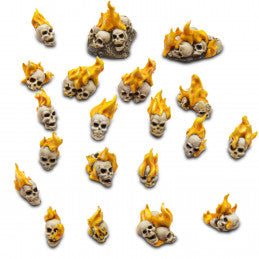 Green Stuff World resin Burning Skulls basing bits, shown painted with orange flames