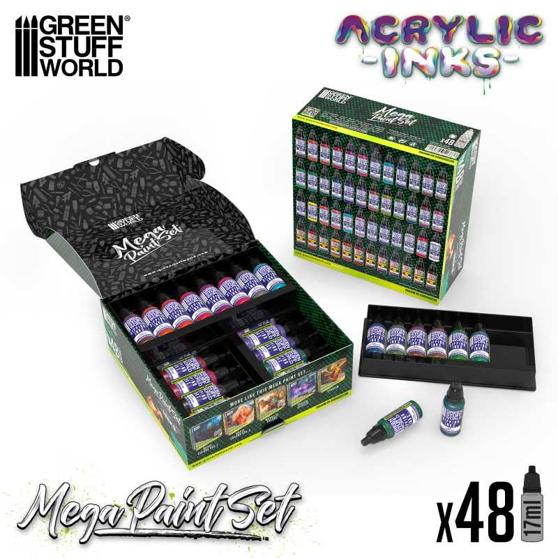 Green Stuff World Acrylic Dipping Ink Mega Paint Set opened, with bottles in trays