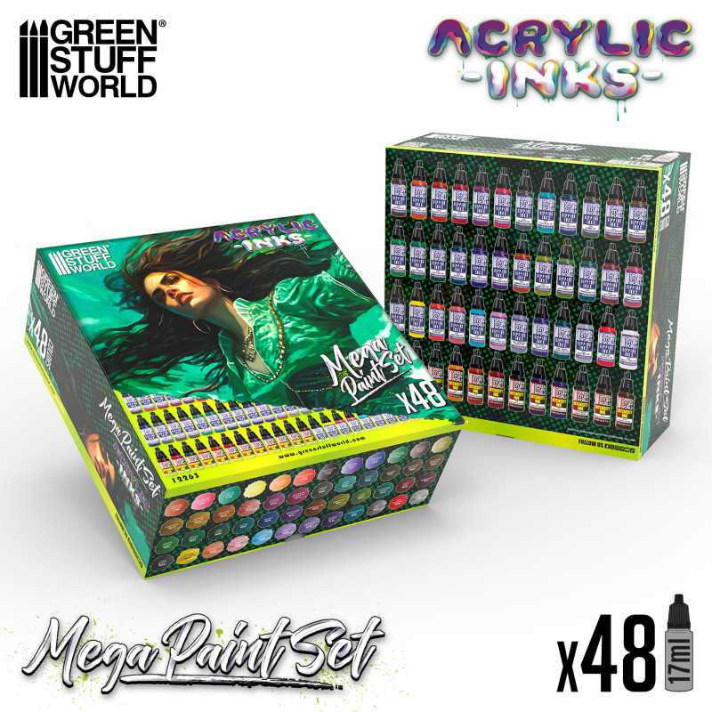 Green Stuff World Acrylic Dipping Ink Mega Paint Set closed box with artwork and colour chart