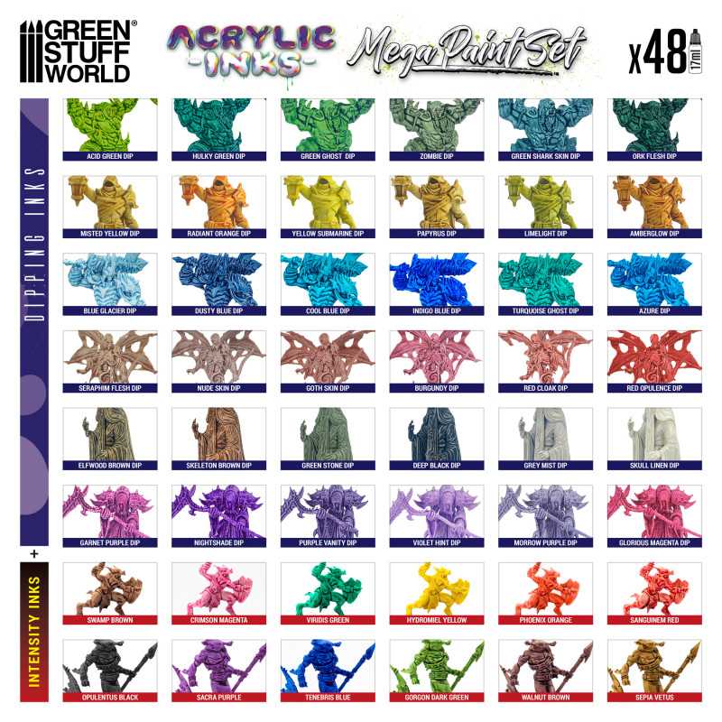 Green Stuff World Acrylic Dipping Ink Mega Set colour chart of dipping and intensity inks