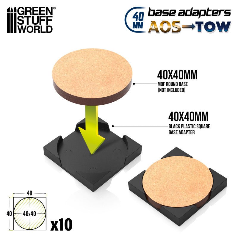 Green Stuff World Base Adapter - Round 40mm to Square 40mm (Pack x10) - Loaded Dice