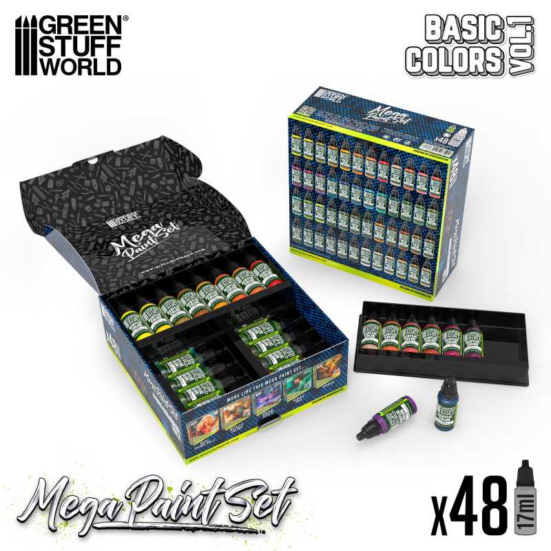 Green Stuff World Basic Colors Mega Paint Set open, showing trays of 17ml dropper bottles