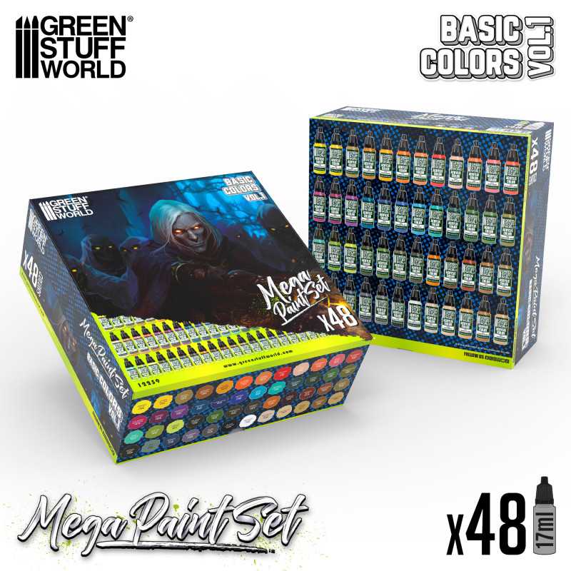 Green Stuff World Basic Colors Mega Paint Set Vol. 1 box, 48 x 17ml paints, closed