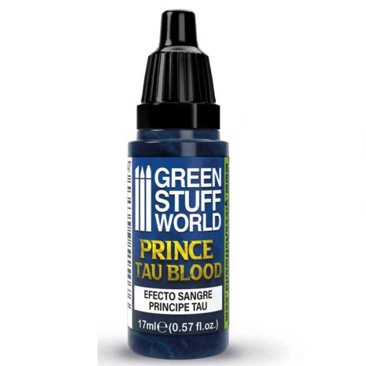 Green Stuff World blood effect paint 17ml dropper bottle, labelled Prince Tau Blood, a dark blue fluid