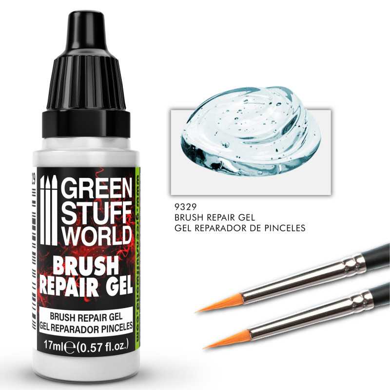 Green Stuff World Brush Repair Gel bottle beside a gel sample and two reshaped brushes