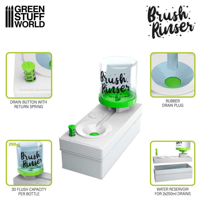 Brush Rinser features: spring drain button, rubber plug and base water reservoir
