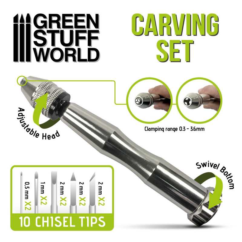 Green Stuff World Carving Set handle showing adjustable head, swivel bottom and chisel tip sizes