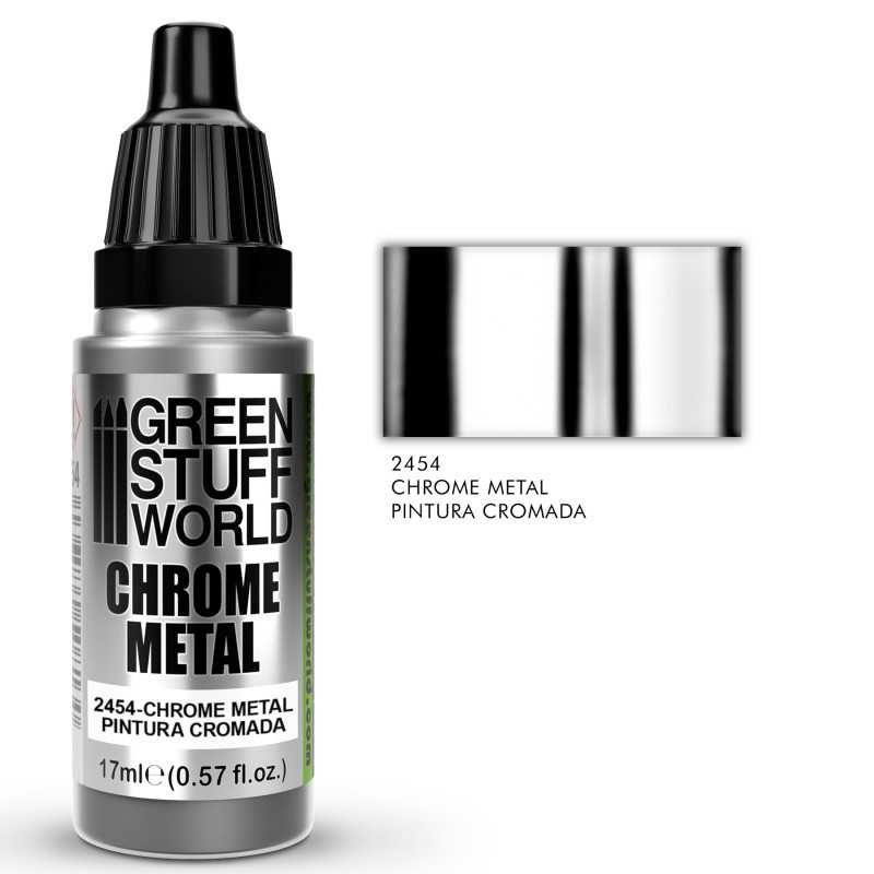Green Stuff World Chrome Metal 2454 17ml dropper bottle with mirror-chrome swatch